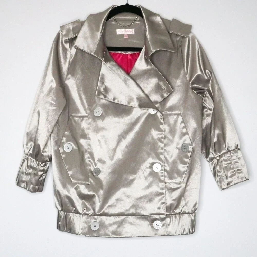 Kira Plastinina Womens Blazer‎ Jacket Size M Silver Coat Satin 90s Metallic